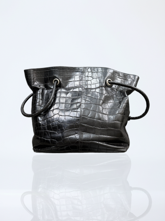 Furla Croc-Embossed Leather Bucket Bag / Black