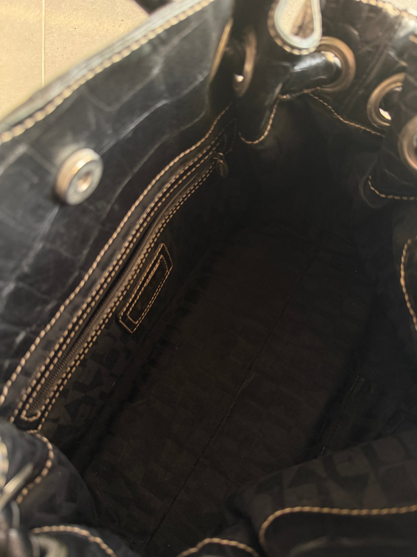 Furla Croc-Embossed Leather Drawstring Bag with Braided Handles / Black