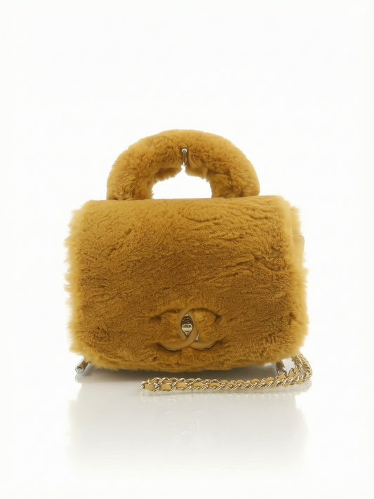 Chanel Shearling Flap Top Handle Bag / Mustard