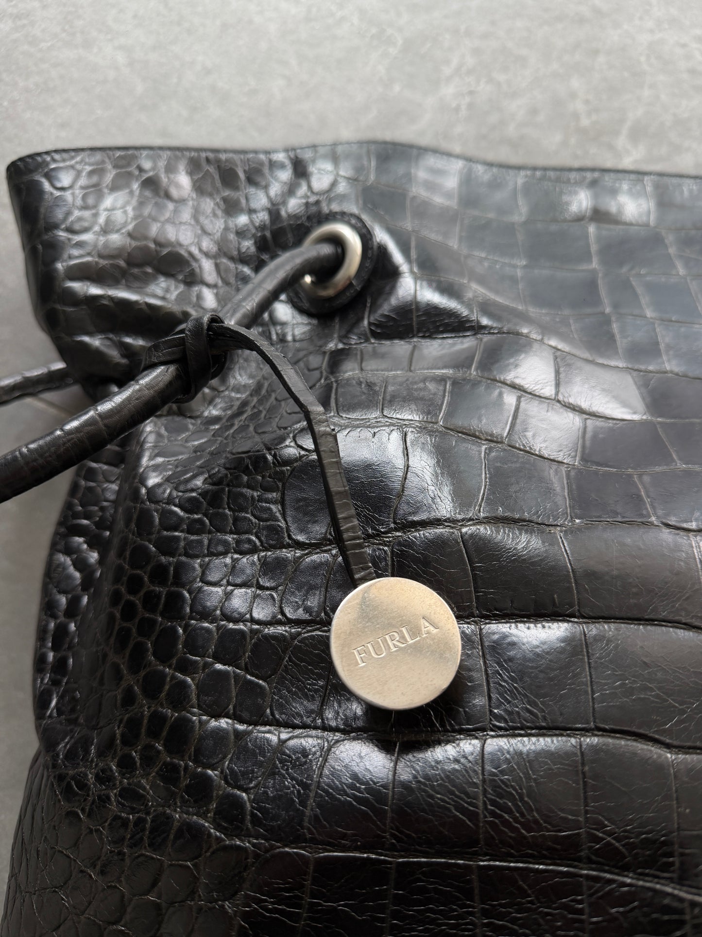Furla Croc-Embossed Leather Bucket Bag / Black
