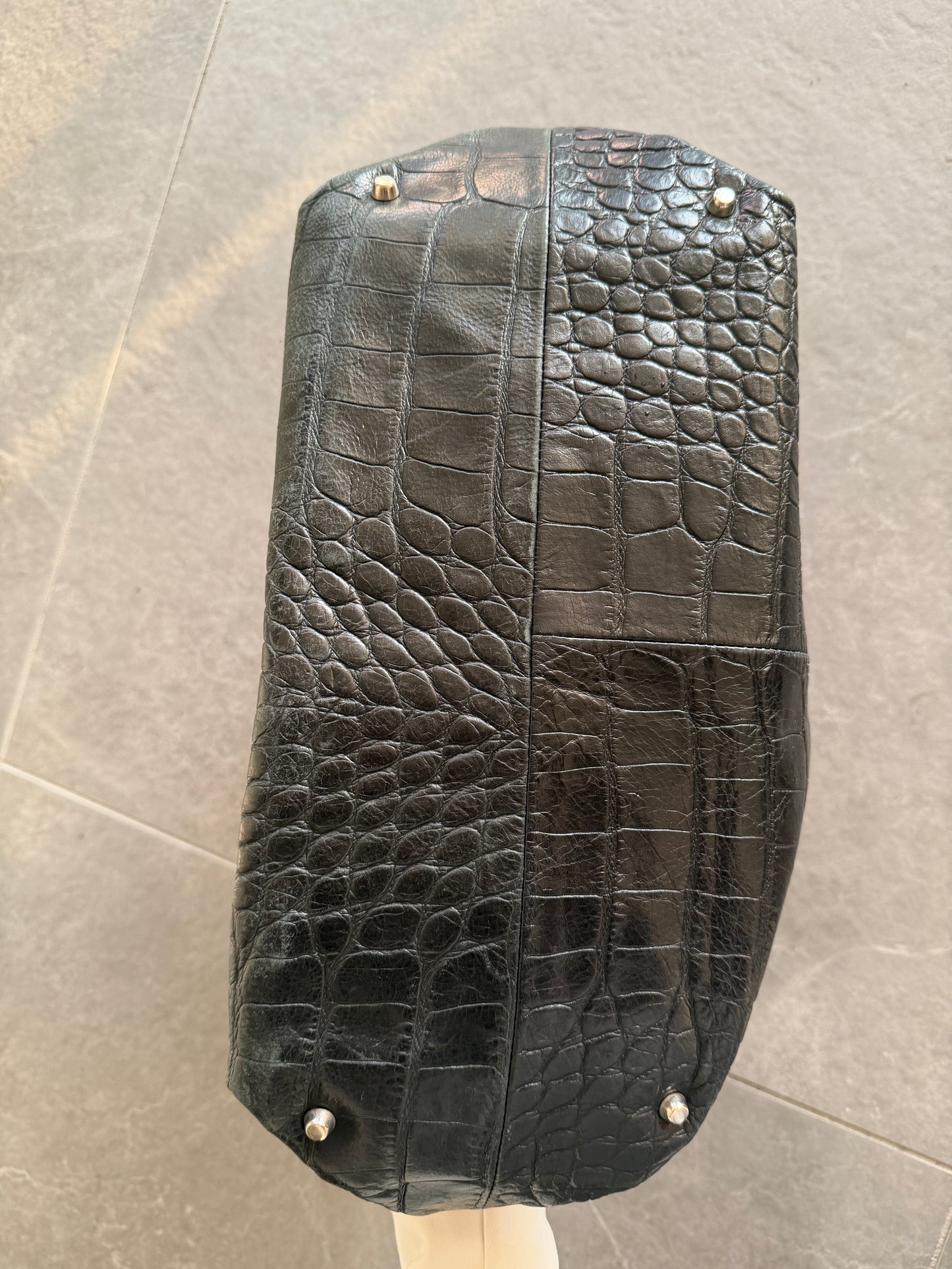 Furla Croc-Embossed Leather Drawstring Bag with Braided Handles / Black