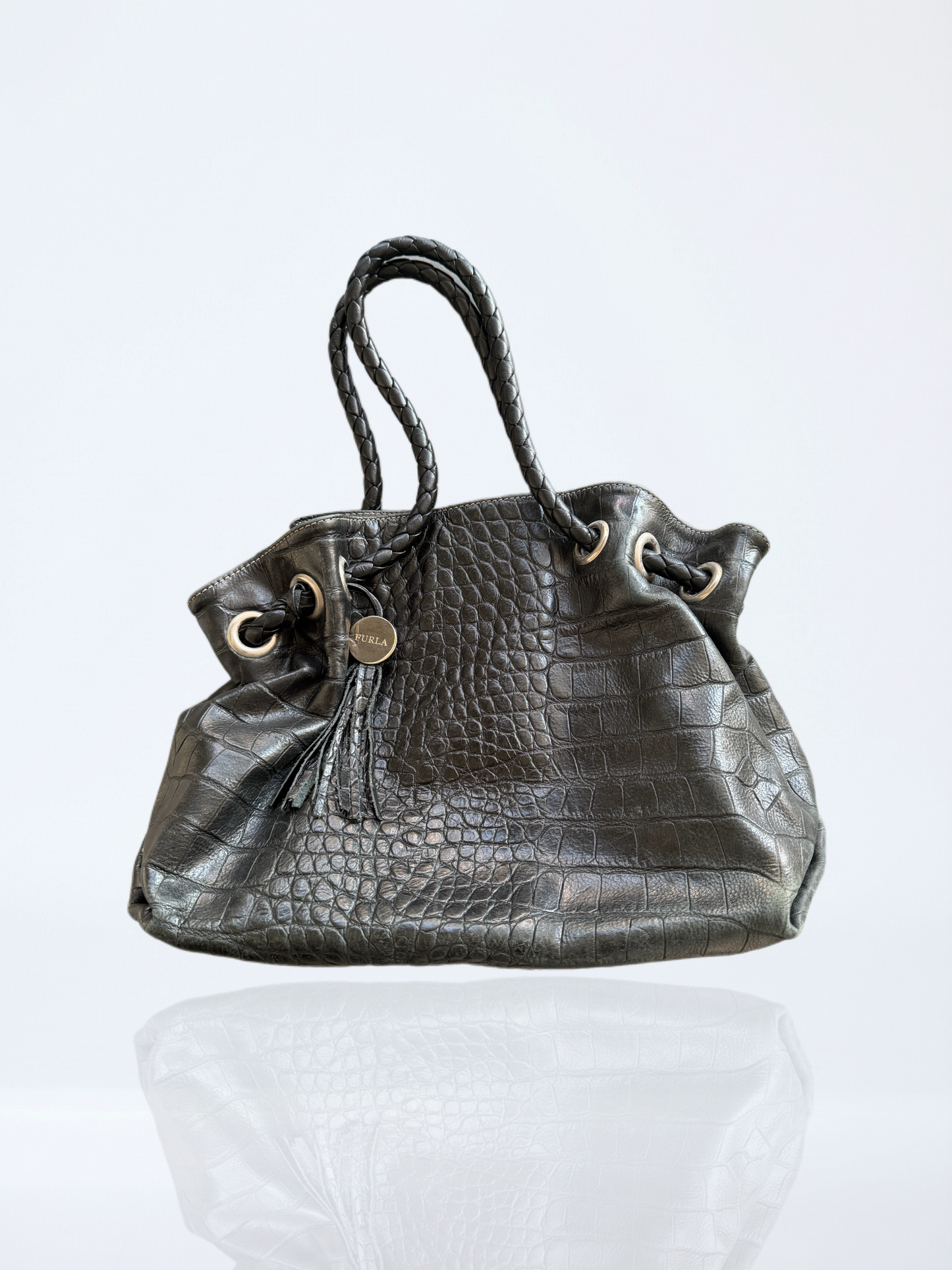 Furla Croc-Embossed Leather Drawstring Bag with Braided Handles / Black