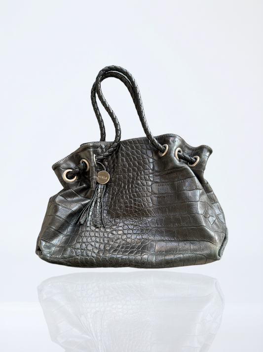 Furla Croc-Embossed Leather Drawstring Bag with Braided Handles / Black