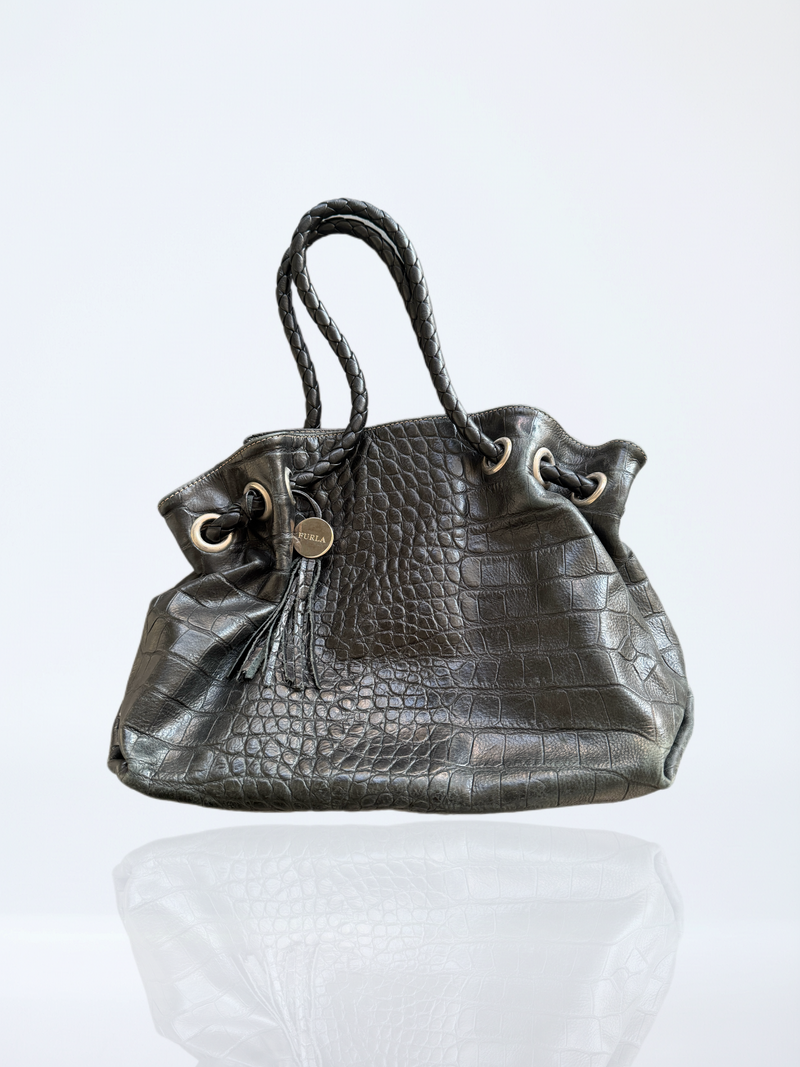 Furla Croc-Embossed Leather Drawstring Bag with Braided Handles / Black