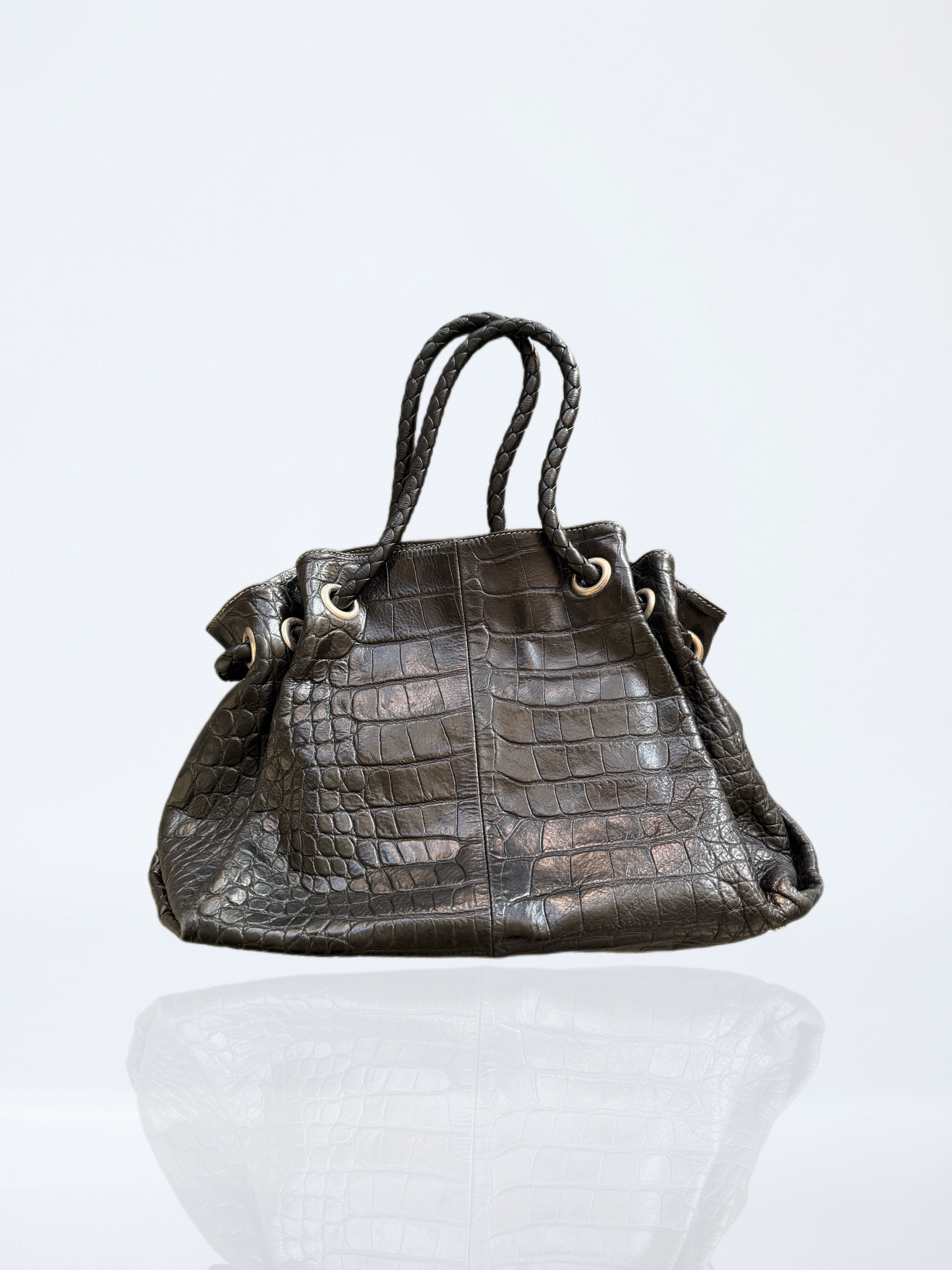 Furla Croc-Embossed Leather Drawstring Bag with Braided Handles / Black