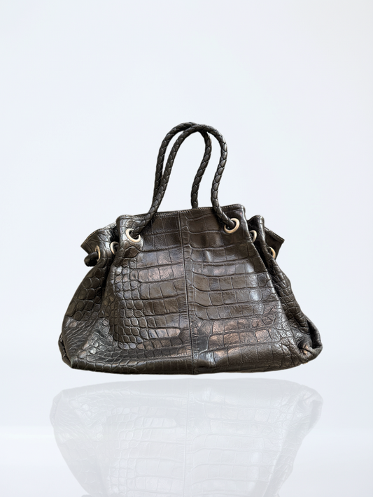 Furla Croc-Embossed Leather Drawstring Bag with Braided Handles / Black