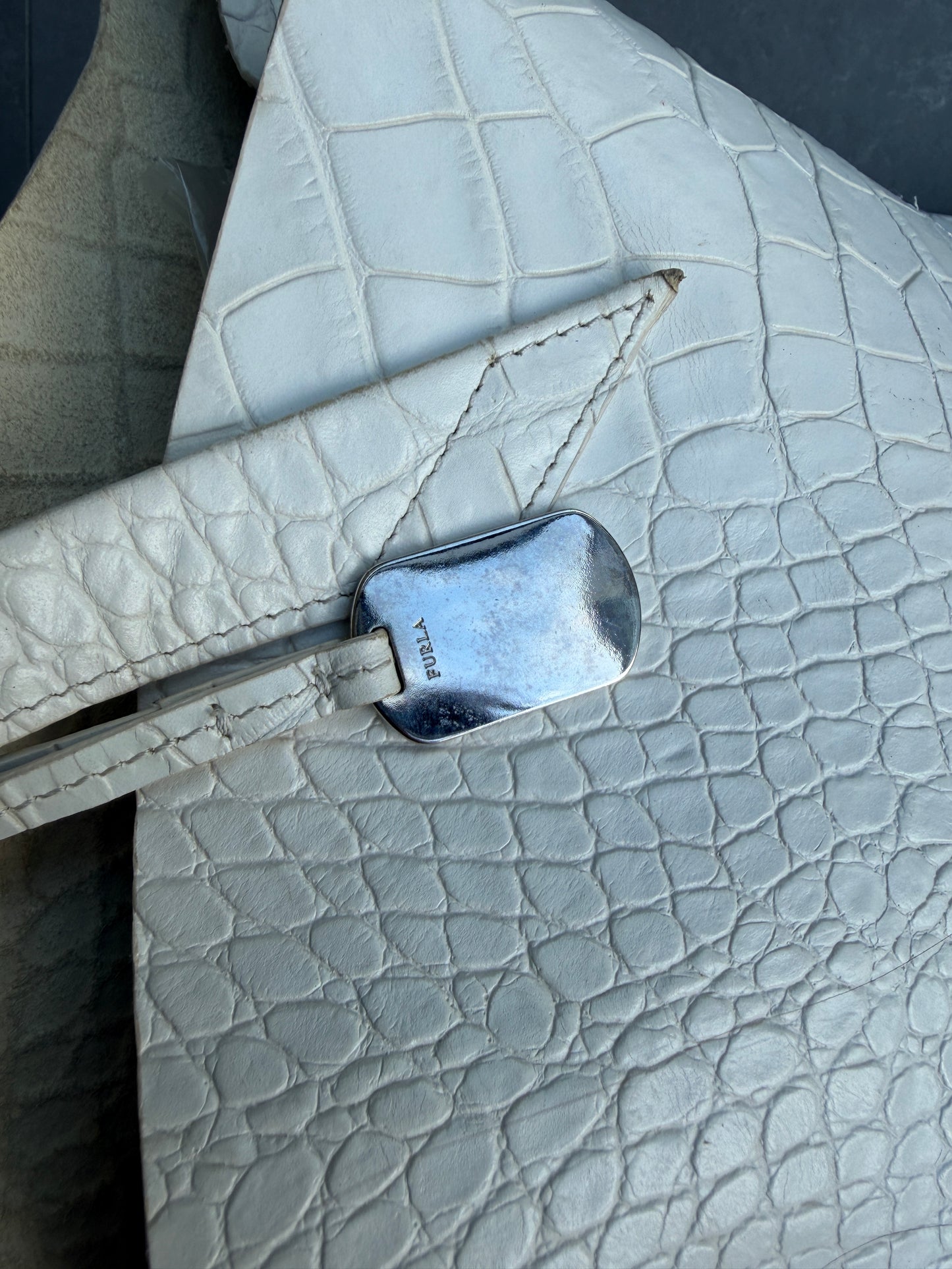 Furla Croc-Embossed Leather Tote Bag / White